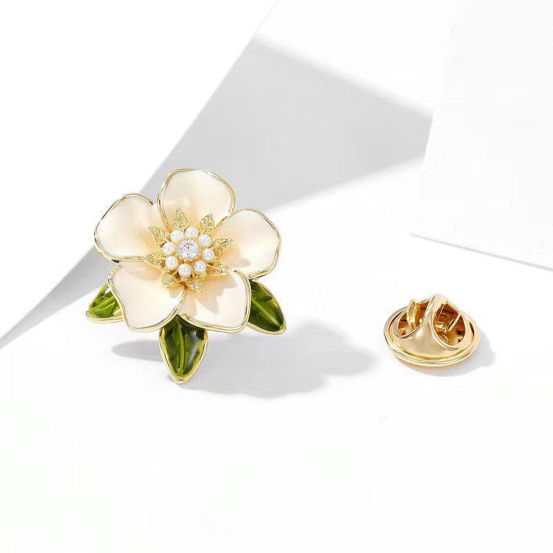 Vintage Gardenia Enamel Pearl Brooch - Elegant Women's Pin Accessory