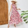 Summer Casual Floral Print Sleeveless Backless High Waist A-Line Half High Neck Ankle-Length Dresses Women Spring