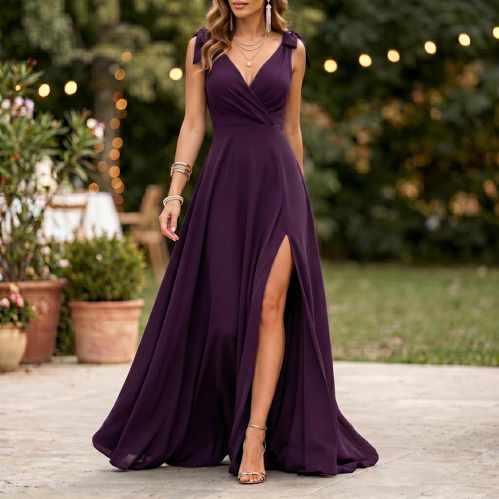 Vestido Largo Formal de Noche para Fiesta de Bodas con Escote en V, Sin Mangas, Tirantes con Lazo en el Hombro y Abertura Lateral
