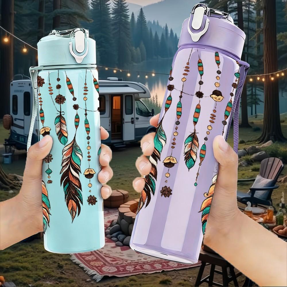 1PC Tribal Feather Bead Boho Decoration Print 750ml Color Plastic Sports Water Bottle Leakproof Flip Straw Lid Suitable for Sports Office Home Use