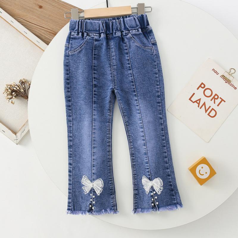 Spring and Autumn New Girls Denim Trousers Elastic Printed Denim Trendy Children's Trousers Single Trousers