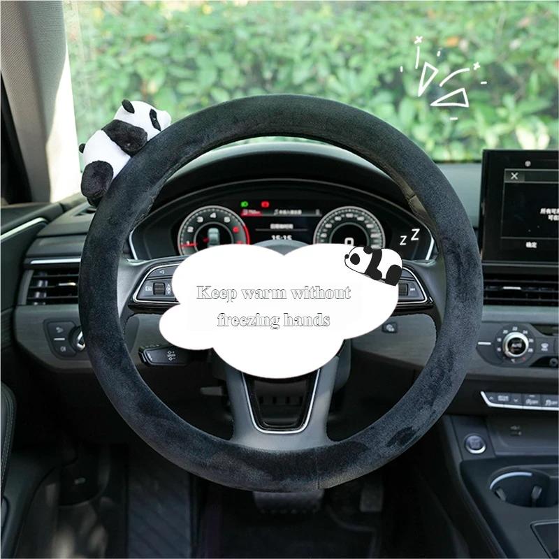 Panda Auto Lenkradbezug - Cartoon Flauschiger Komfort-Griffbezug für den Winter Frostschutz Auto-Lenkradbezug