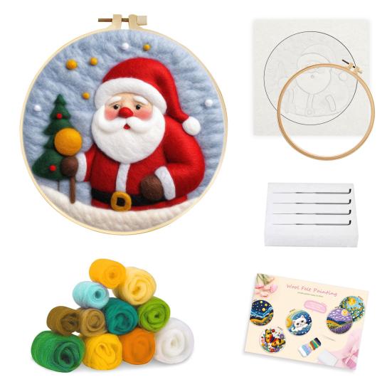 Christmas Needle Felting Kit Holiday Felt Painting Set for Beginners Starter Needle Felting DIY Craft Kit with Pad Needles Wool Decorative Frame