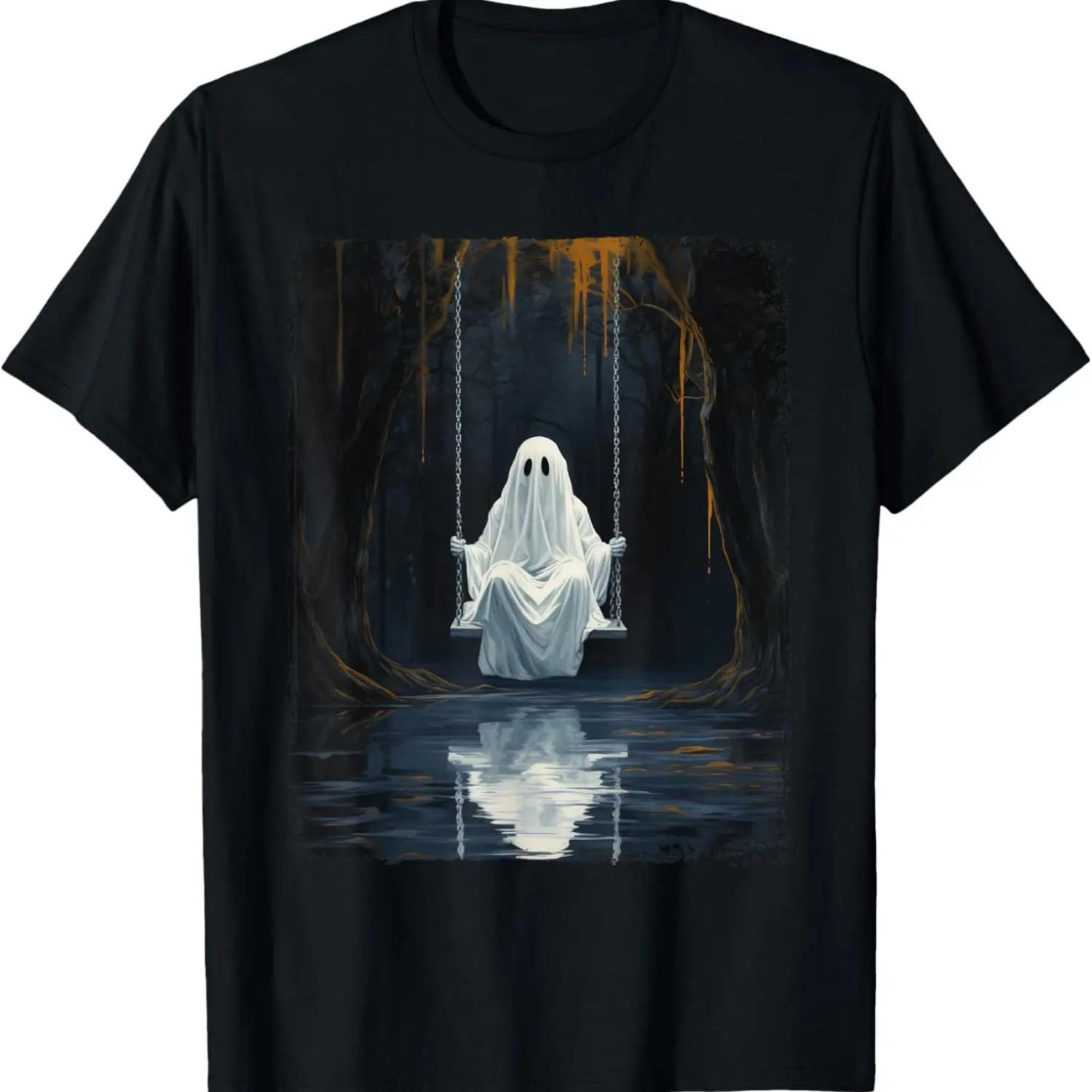 Ghost On Swing Spooky Art Costume Cute Halloween Ghost T-Shirt S