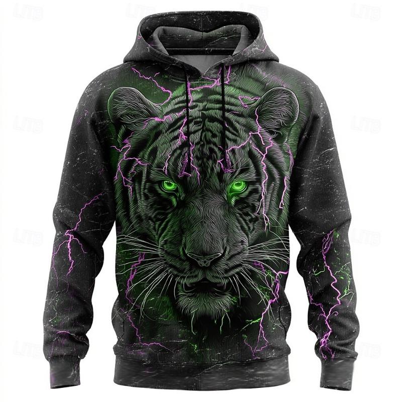 2025 Fall Winter Men's Animal Tigers 3D Prints Hooded Hoodies Sweatshirts Long Sleeve Crew Neck Streetwear Drawstring Tops