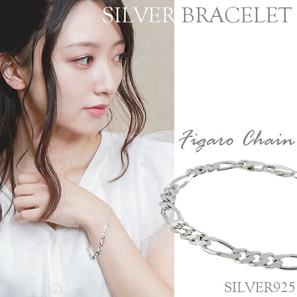 Gin no Silver 925 Figaro Chain Simple Design Chain [Shinjuku Kura] Bracelet, 17cm, 6-Face Cut, Women's,