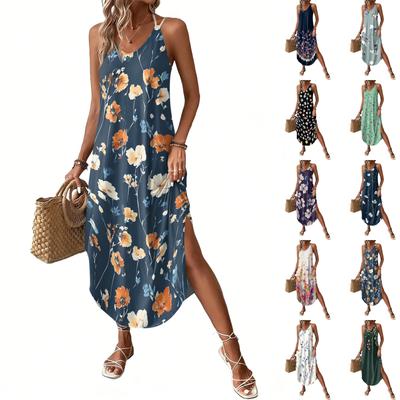 Women's Fashion Casual V-neck Sleeveless  Dresses Print Dresses Beach Long Dresses