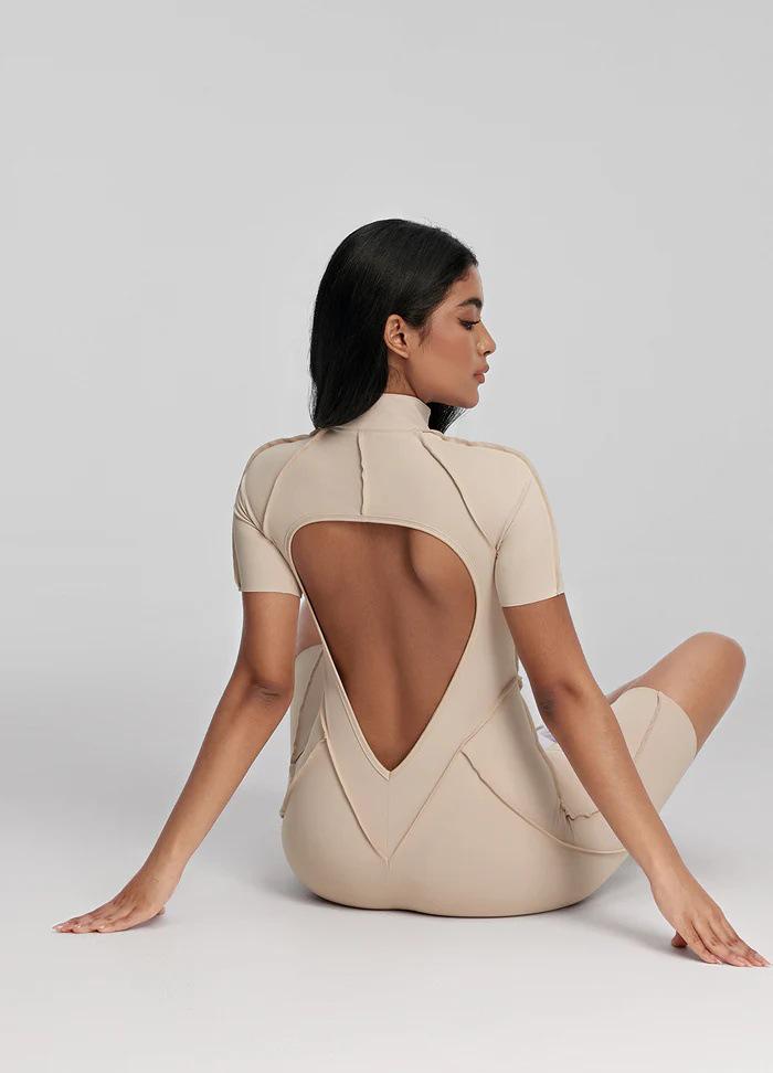 High-End Comfort Sports Yoga Tight-Fit Zipper Short Sleeve Jumpsuit