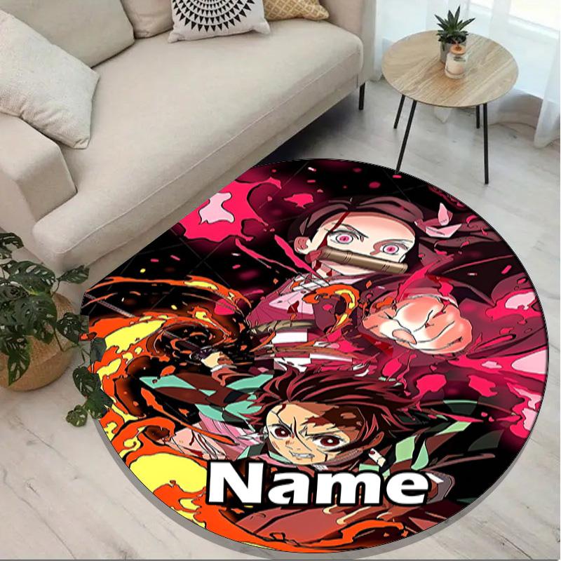 Custom Name Personalized Demon Slayer Print Round Rug, Versatile Home Decor Carpet, for Playroom, Apartment, Balcony, Entryway, Hallway Gift