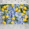 Lemon-themed Party Background - Blue Tile Design, Suitable for Birthday Parties, Shower Parties and Dessert Table Decorations