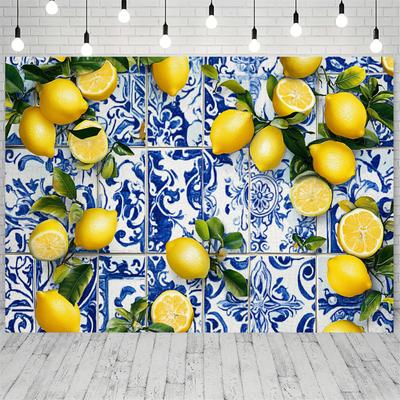 Lemon-themed Party Background - Blue Tile Design, Suitable for Birthday Parties, Shower Parties and Dessert Table Decorations