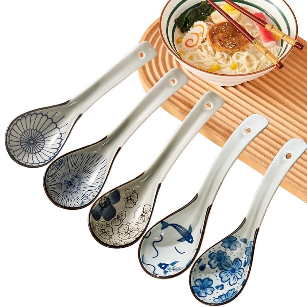 5pcs Asian Soup Spoon, Ceramic Chinese Soup Spoons, Deep Oval Hook Non-slip Japanese Spoons for Rice Ramen Pho Miso Soup Wonton Noodle 5pcs
