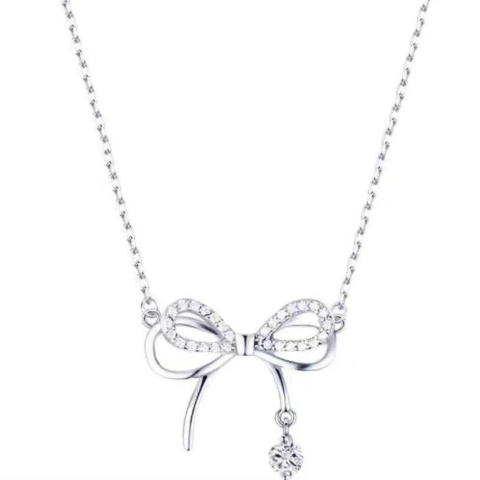 Girlish Heart Rhinestone Pendant Necklace - Fresh Style Clavicle Chain with Bow Design