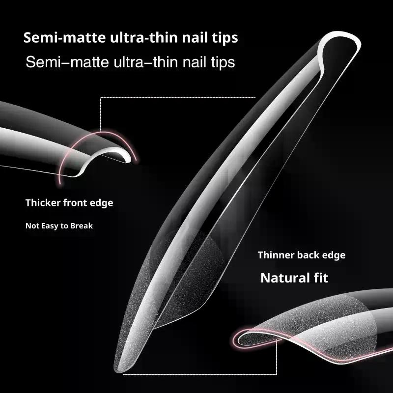 216 PCS Seamless Press On False Nail Tips Transparent Full Cover Fingernail Tip Half Matte Long Coffin Almond Artificial Nails