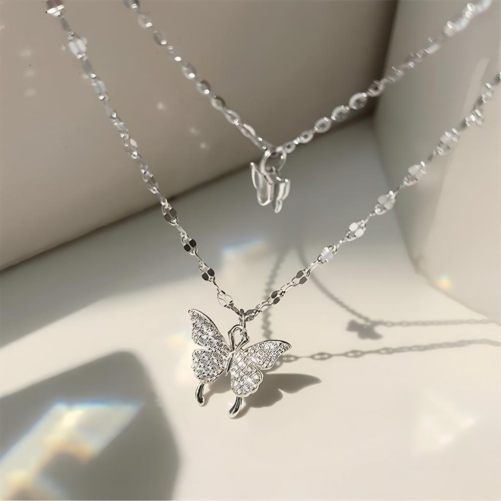 New Shiny Butterfly Necklace For Woman Girls Ladies Exquisite Double Layer Clavicle Chain Necklace Fashion Jewelry Gift AVE
