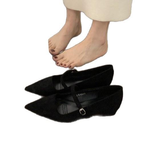 Korean version of versatile evening wind suede pointed single shoes women's 2025 new one-word with light mouth low heel thick heel commuter shoes