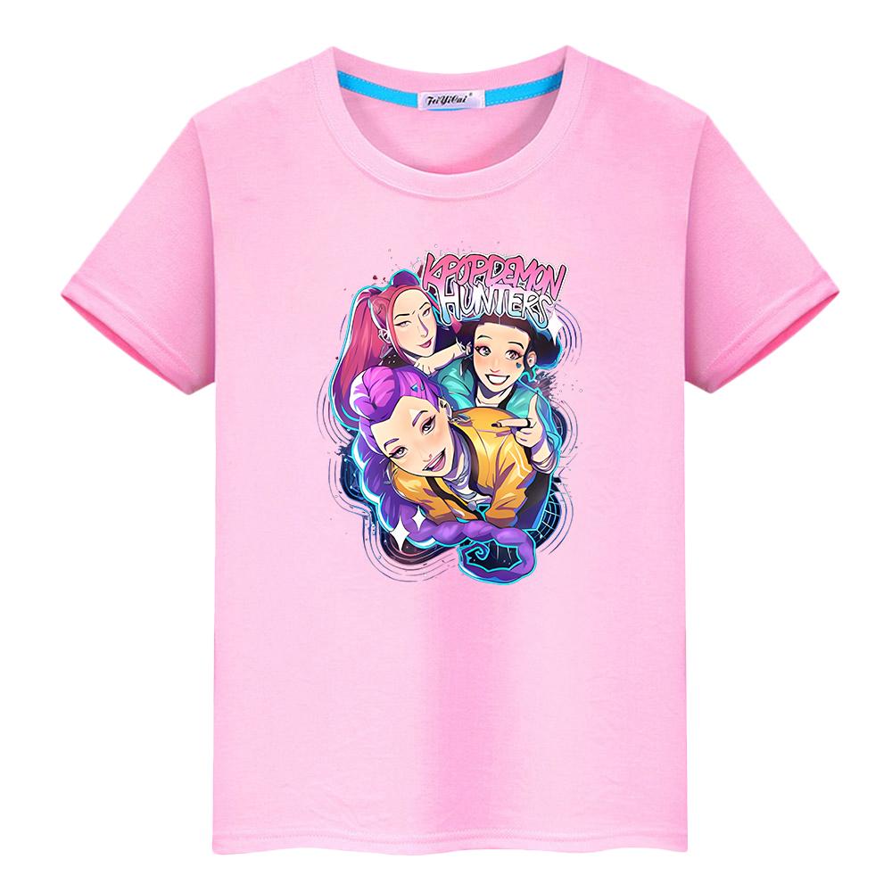 Kpop Demon Hunters Print 100%Cotton T Shirt for Kids Boy 10year Kawaii Tees Anime Tops Round Neck Short Sleeve Y2k Girls Clothes