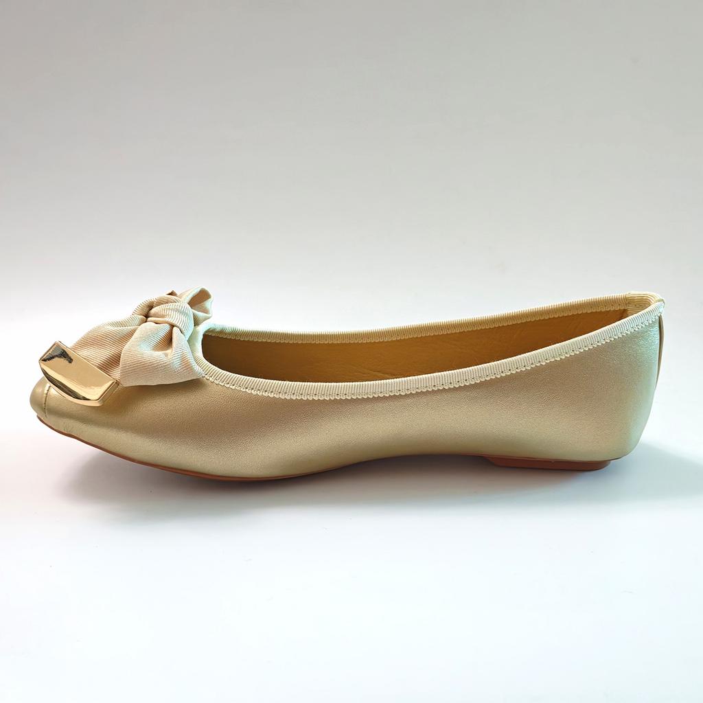 Bow Flat Shoes Women Ballet Flats Metallic Gold Square Toe Slip-On Casual for Daily Wear All-Day Comfort Plus Size 42