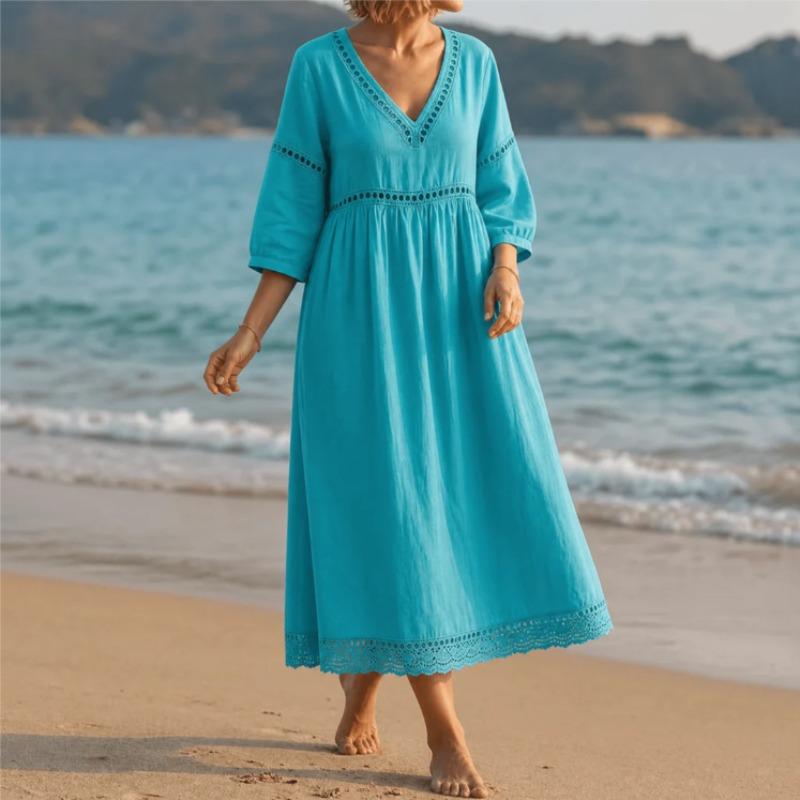 QICED Fashion Summer Spring Solid Color Print  3/4 Sleeves V-Neck Casual Dresses