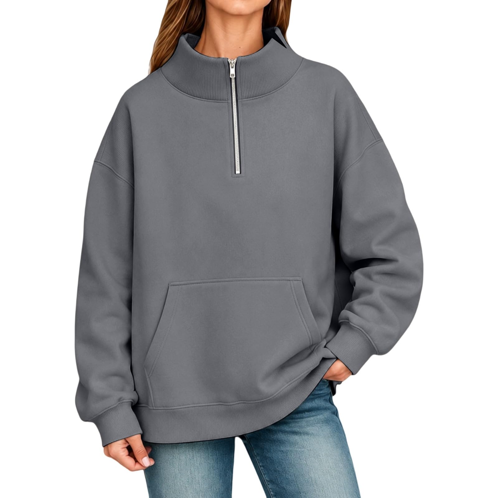 Women s Color Zip-Up High Neck Hoodie with Pockets, Loose Fit Casual Sweatshirt XXL