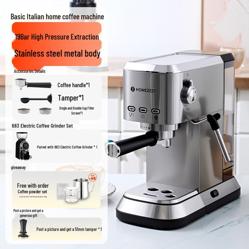 Cross Semi-Automatic Italian Espresso Machine with 19-Bar Pressure and Milk Frother for Home or Office Use
