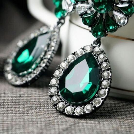 Vintage Lady Green Rhinestone Flower Teardrop Statement Dangle Stud Earrings