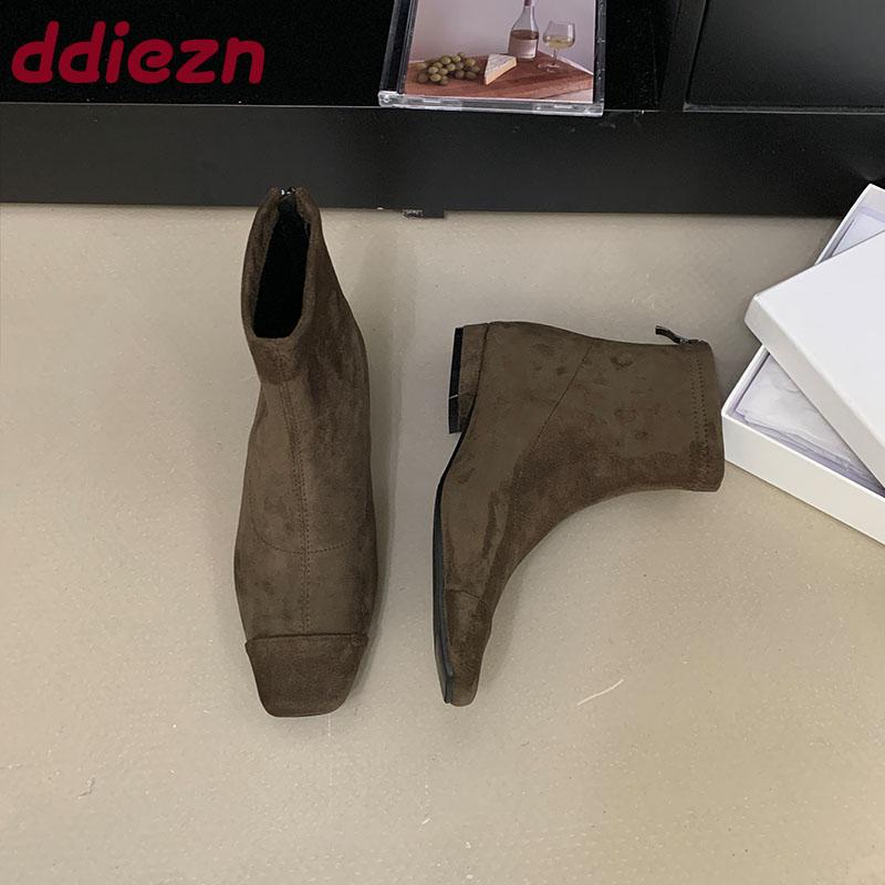 Fashion Fashion Flock Women Ankle Boots Flats Shoes Female Square Toe Ladies Flats Short Boots Shoes With Zippers Footwear