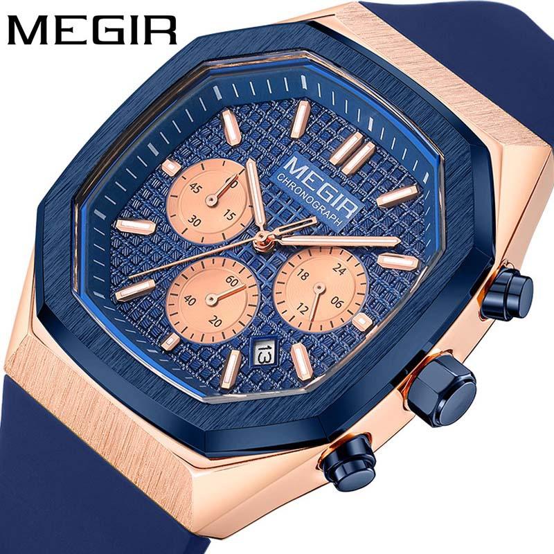 Megir Sport Watch Men Chronograph Quartz Wristwatch with Date Octagon Dial Luminous Hands Silicone Strap