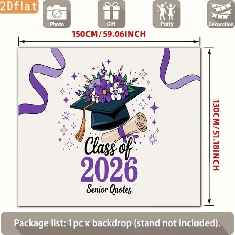 2D Graduation Photography Backdrop Class of 2026 with Purple Floral Cap Background