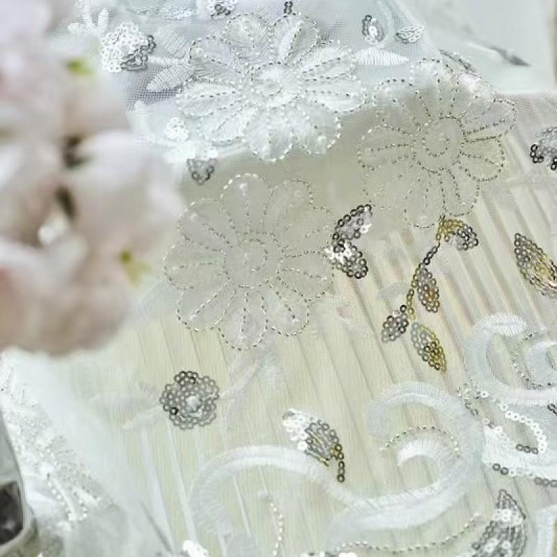 Sheer Embroidered Curtain Panel With Sequins Living Room Bedroom North European Style Light Filtering