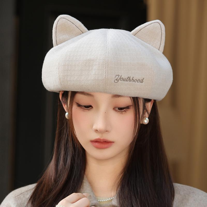 Korean Retro Cute Cat Ears Beret Spring and Autumn New Casual Versatile Painter Hat Windproof Warm Hat for Women