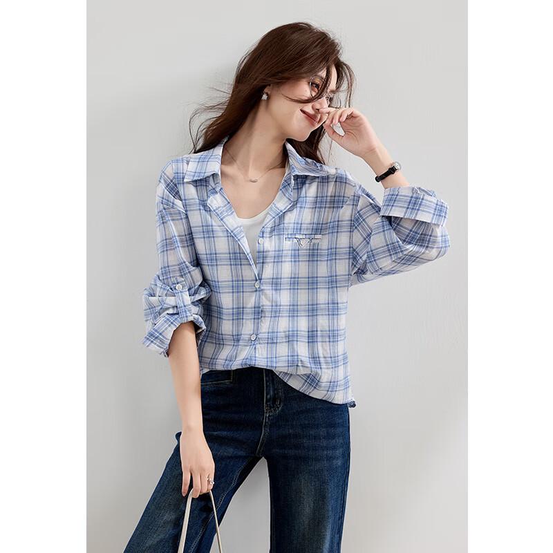 VICTORIA&VERA Women's Cotton Faux Two-Piece Plaid Long Sleeve Shirt