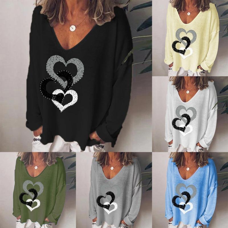 Women S V Neck Long Sleeve Heart Print Loose T Shirt