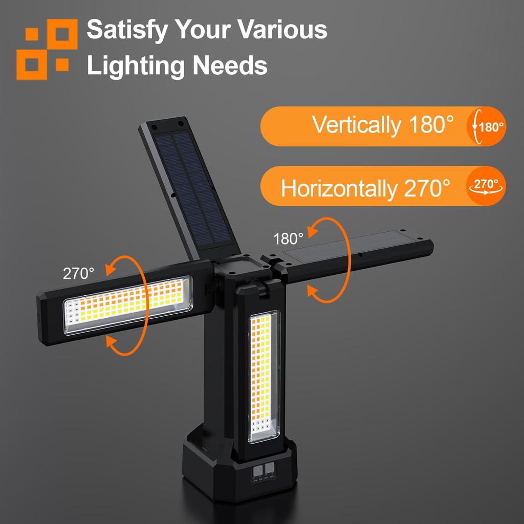 8000lm Ultra-Bright LED Work Light, USB Rechargeable, Solar Charging, 4 Lighting Modes, 3 Color Switching Modes (Daylight, Warm White, Warm White),