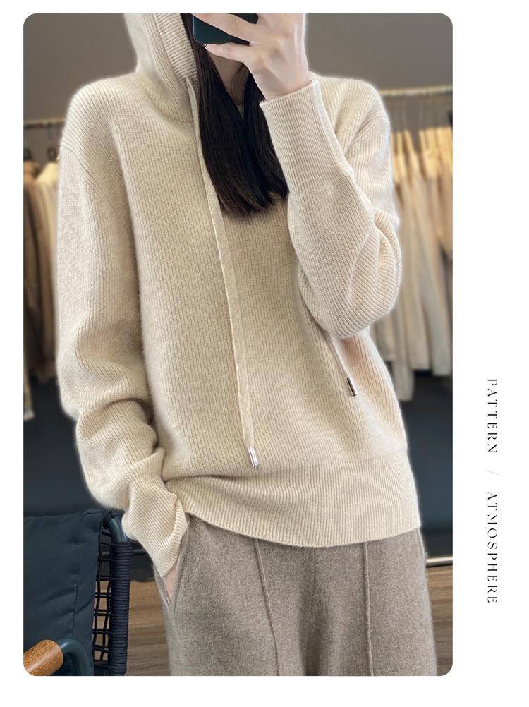 Women's Pure Wool Loose Knit Hoodie - Solid Color, Long Sleeve, Drawstring Hood, Casual Fashion Warm Pullover
