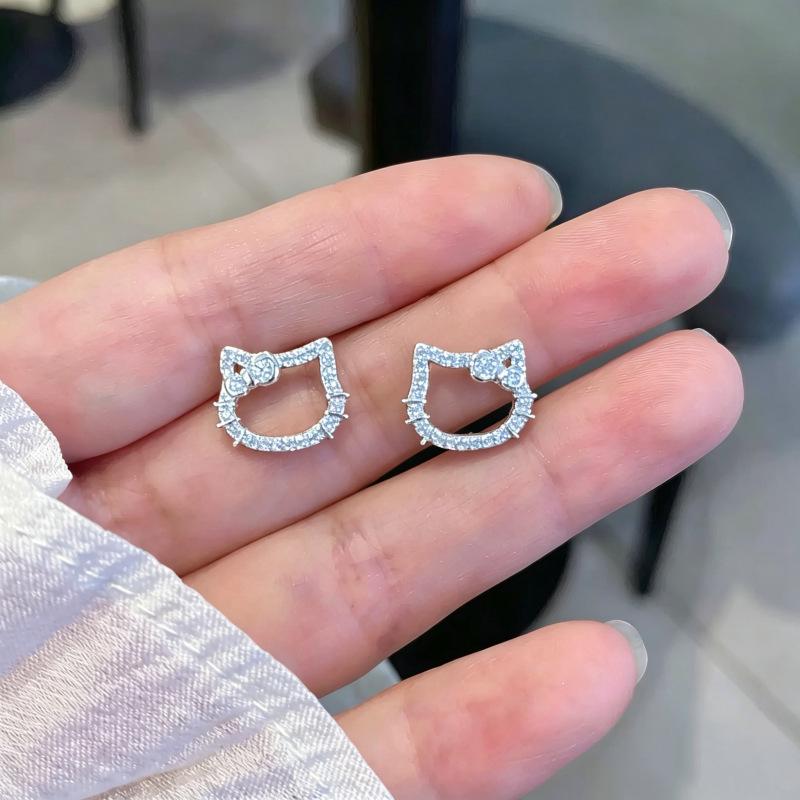 Xiao Yin Jia S999 Silver Hello Kitty Studs: Light Luxury Diamond Hollow-out KT Cartoon Design Earrings