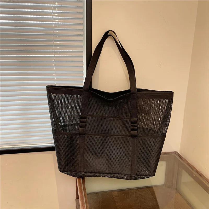Bolsa de playa de malla portátil para mujer, bolsa de almacenamiento de maquillaje para viajes, bolsa de baño de verano, organizador, bolsa de compras