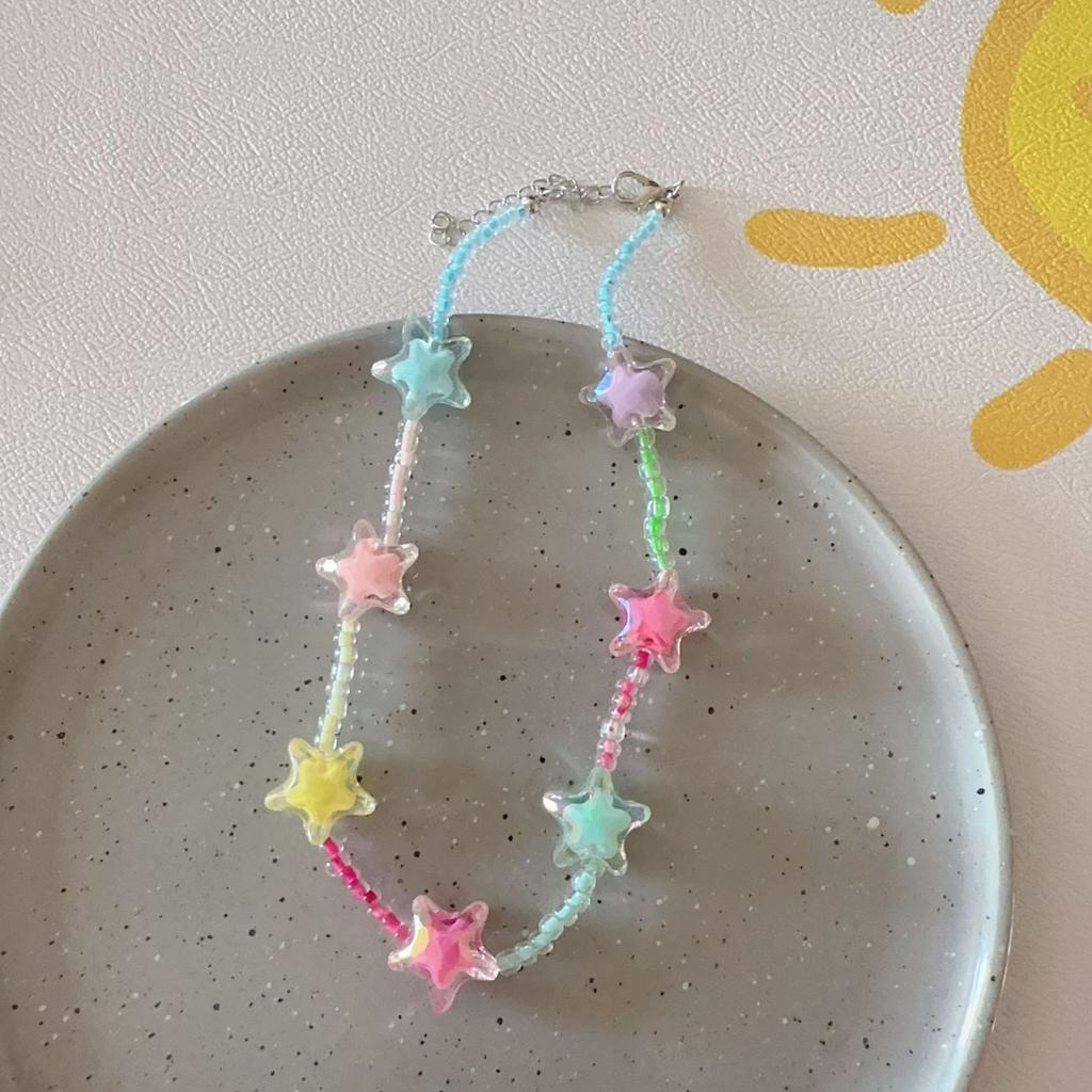 Summer Fashion Dopamine Candy Color Flowers Bow Tie Heart Star Pendant String Beads Necklace for Women Cute Collar Chain Jewelry