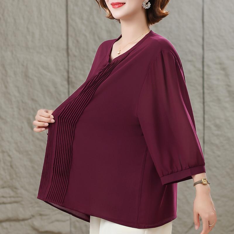 Women's Plus Size Burgundy Blouse, Casual 3/4 Sleeve Pleated Front Top (3XL-7XL)