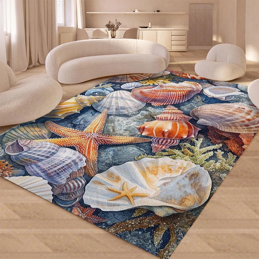 Sea Shell Pattern Living Room Carpet Kid's Bedroom Crawling Soft Mat Washable Non-slip Footpad Geometry Decor Rug for Balcony