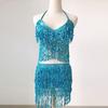 Belly Dancer Outfit Sequin Tassel Bra Top with Fringe Hip Scarf Set Sparkling Rave Party Costume for Women Girls