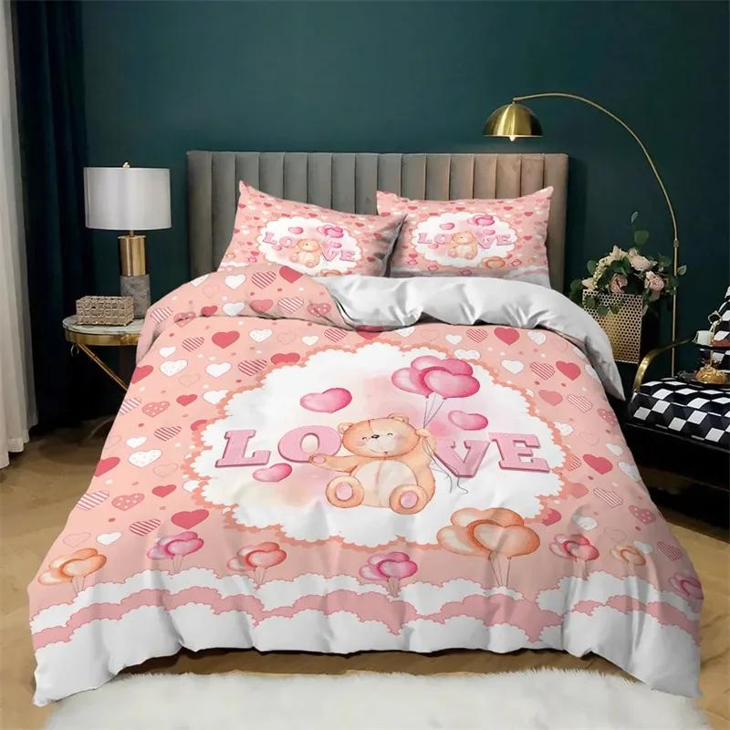 Love Heart Soft Duvet Cover Set Microfiber Bear Warm Comforter Cover Soft Romantic Beding Sets Valentine's Day For Young Girls Women Rom Decor