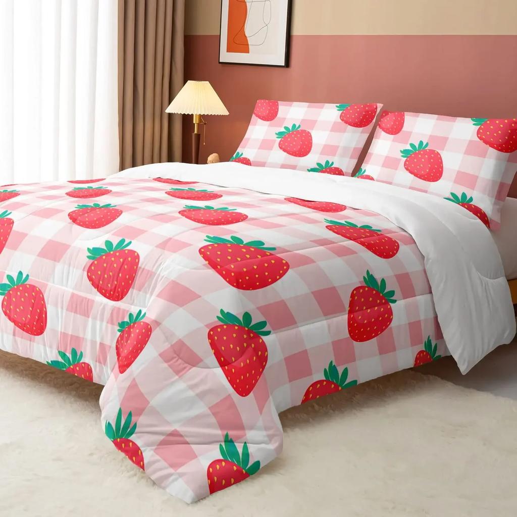 3Pcs Full Size Sweet Strawberry Bedding Set Duvet Cover for Kids Children Teens Comforter Cover Bed Room Decor Pink Quilt Cover