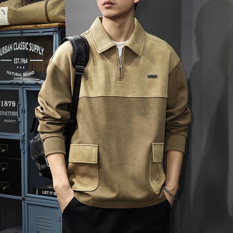 Men's Autumn Retro Lapel Hoodie - Trendy Loose-Fit Casual Knit Top, Long Sleeve Polo Style.