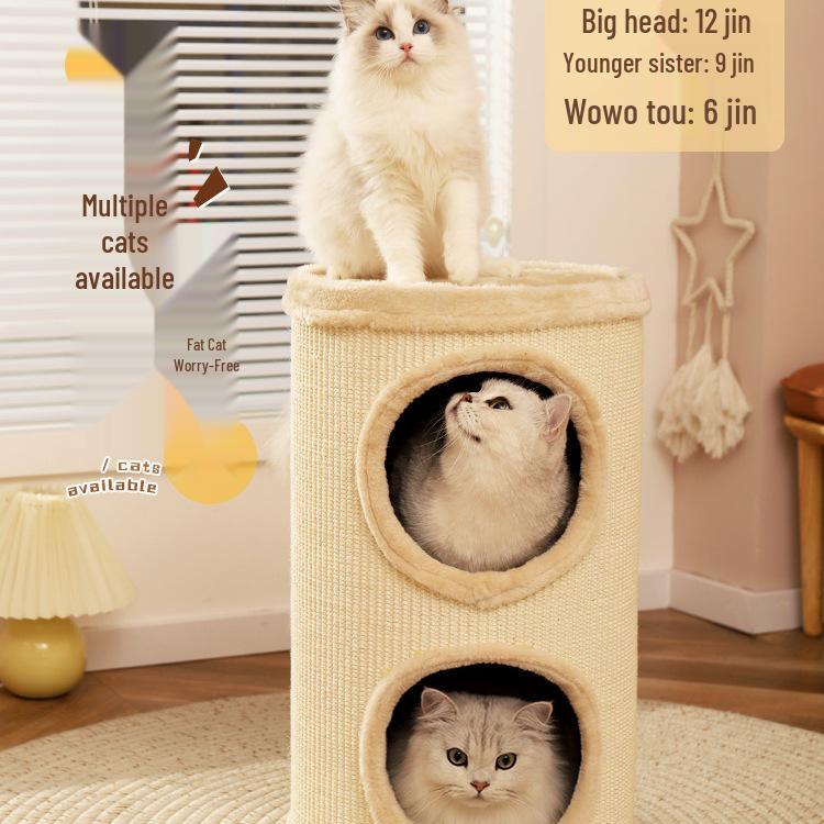 Compact Cat Tree & Bed with Enclosed Two-Layer Design, Scratching Board, Sisal Barrel - All-Season