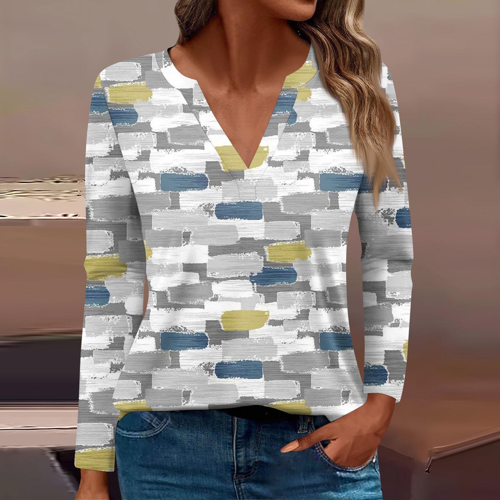 Women s Fashion Casual T-Shirt V-Neck Long Sleeve Geometric Patchwork Printed Top M синий