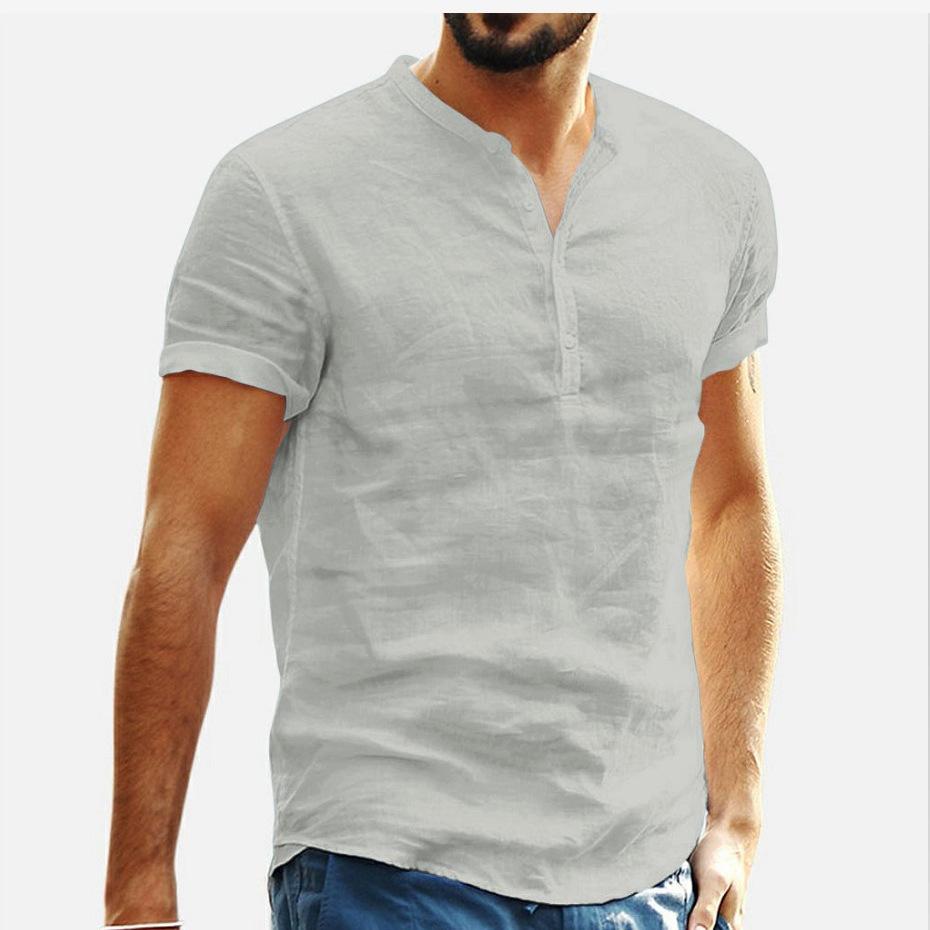 Men Cotton Linen Shirt Men Henley Neck Pocket Casual Beach Short Sleeve Solid Color Male Tops T-shirts Vintage Streetwear
