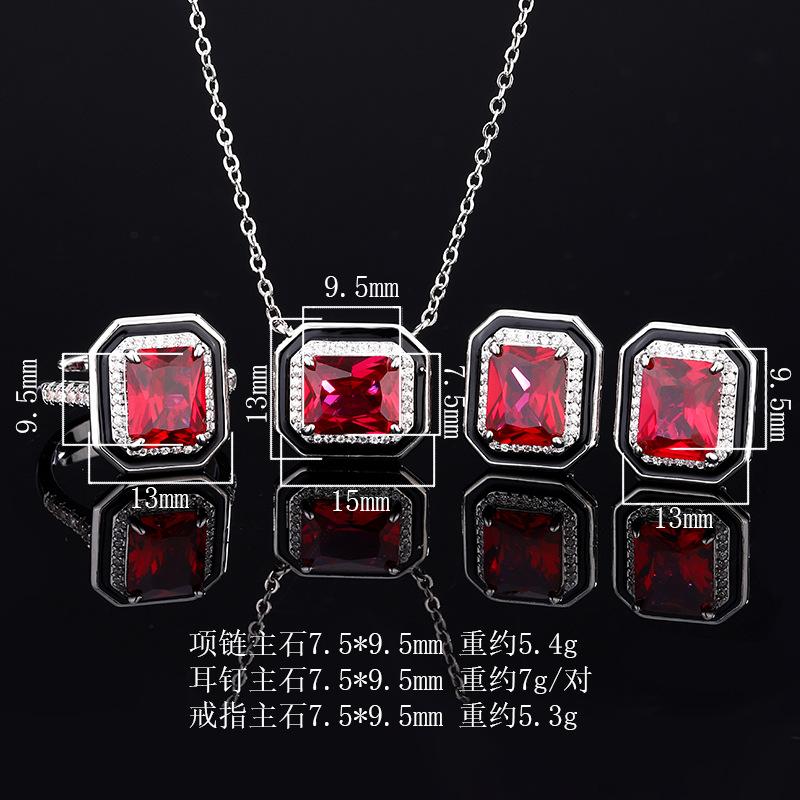 Huameimei Jewelry Set Retro Fashion Color Treasure Simulation Red Corundum Square Earnail Ring Necklace Women
