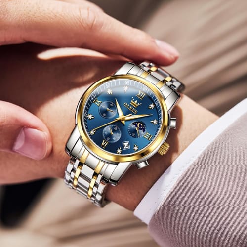 OLEVS Watch for Men Moon Phase Timer Quartz Stainless Steel Band Simple Fashion Waterproof Luminous Date Watch for men Blue