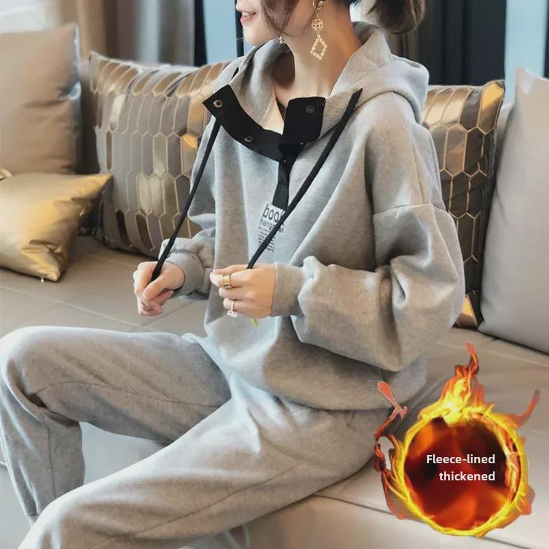 Plush Thickened Women's Plus Size Casual Hooded Two-piece Sportswear Suit for Autumn/Winter